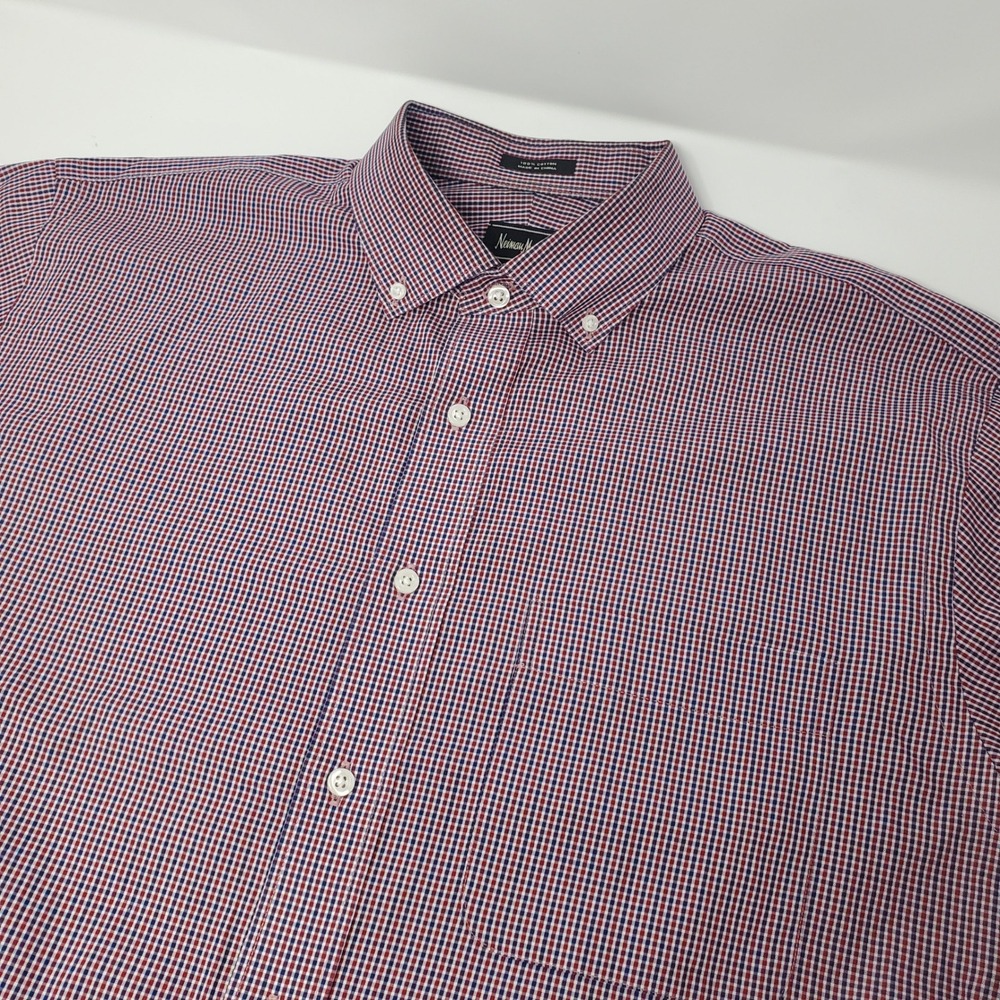 Neiman Marcus Shirt Men 16.5 32/33 Button-Down Red White Blue Micro-Check Cotton